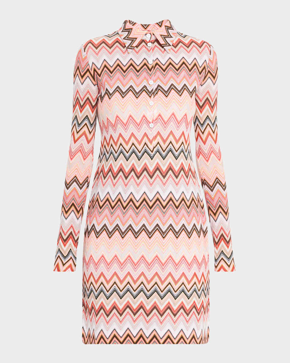 Chevron Long-Sleeve Mini Polo Shirtdress